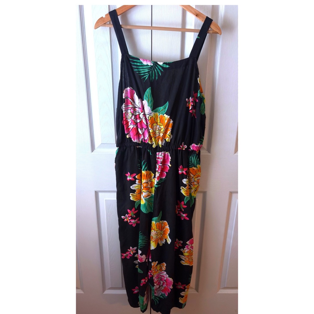 OLD NAVY Black Floral Linen Blend Cropped Wide Leg Jumpsuit L Vacation Resort